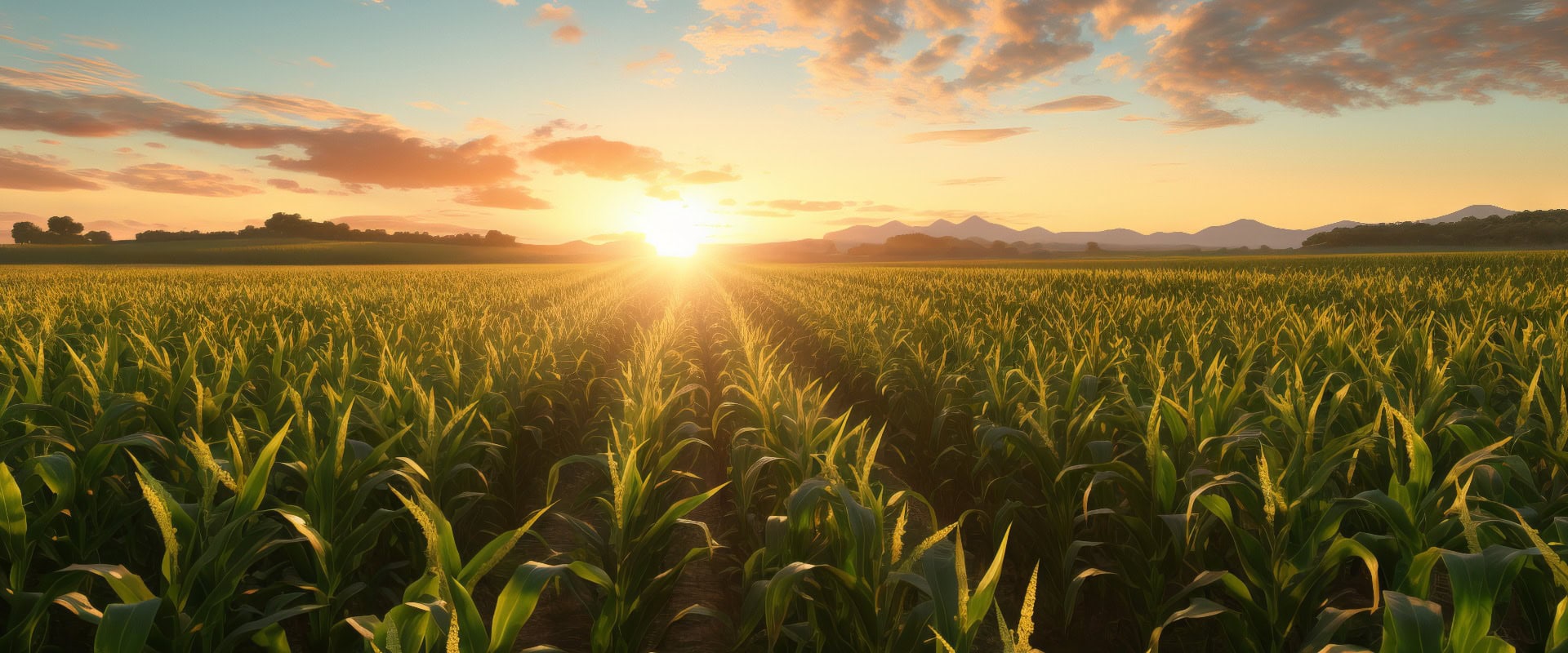 Maisfeld bei Sonnenuntergang. Luftaufnahme eines schönen Maisfeldes während eines sommerlichen Sonnenaufgangs. Reiche Ernte und Landwirtschaft Konzept. Erntebereite Maiskörner auf einem Bauernhof während eines schönen Sommer-Sonnenuntergangs